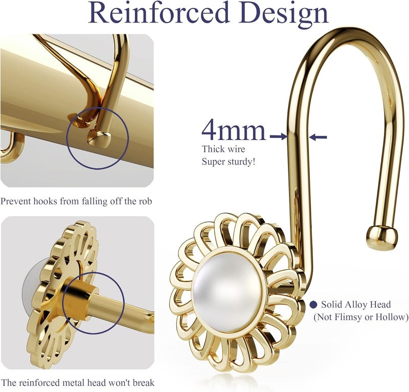 iToplin Gold Shower Curtain Hooks Rings, Decorative Shower Curtain Hangers, Heavy Duty Metal Shower Rings, Sunflower Shower Hooks for Shower Curtain Rod and Liner, Bathroom Curtain Hooks, Luxury Gold, - Image 5